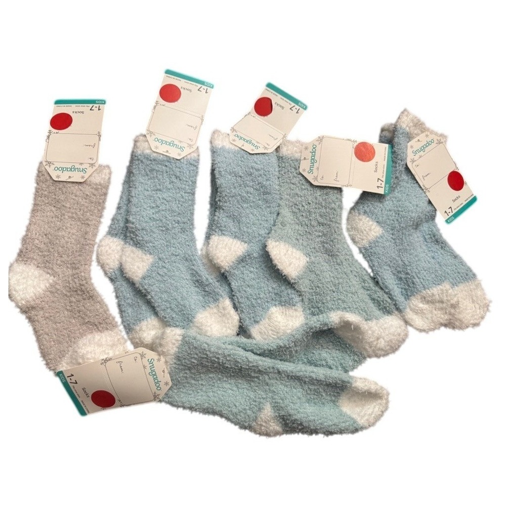 Snugadoo Kids Fuzzy Socks 6 Pair Lot Blue Grey White Fits Shoe Sizes 1-7 NWT